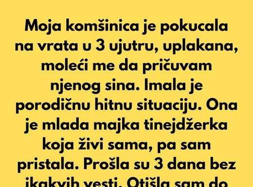 Moja komšinica je pokucala na vrata u 3 ujutru, uplakana, moleći me da pričuvam njenog sina.