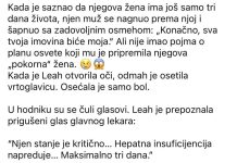 Saznavši da lekari daju njegovoj ženi samo još tri dana života, muž se nagnuo prema njoj i prošaputao sa zadovoljanim osmehom: „Konačno, sva tvoja imovina biće moja.“ Ali nije ni slutio kakav plan osvete mu je pripremila njegova „pokorna“ žena.