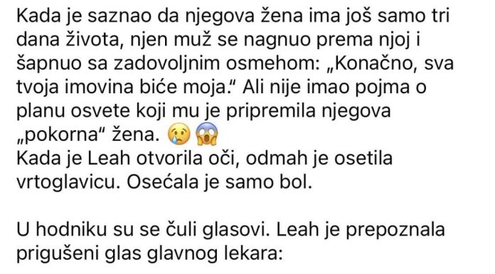 Saznavši da lekari daju njegovoj ženi samo još tri dana života, muž se nagnuo prema njoj i prošaputao sa zadovoljanim osmehom: „Konačno, sva tvoja imovina biće moja.“ Ali nije ni slutio kakav plan osvete mu je pripremila njegova „pokorna“ žena.